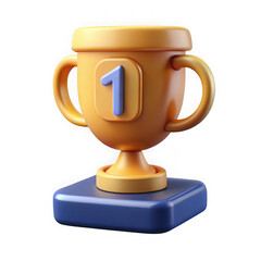 3d render of gold winner's trophy with number one on blue base for achievement