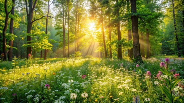 Dense foliage and wildflowers sway gently in soft sunlight filtering through the forest meadow's canopy , natural world, serene atmosphere