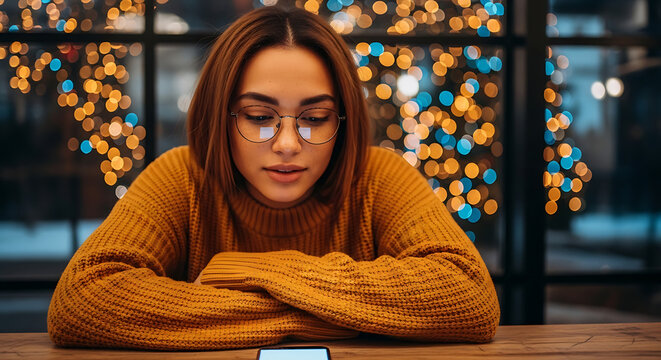 A woman absorbed in her phone with a warm, inviting glow in the background. 