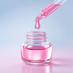 Close-up shot of a clear glass dropper held above an open clear glass bottle. A single, translucent drop of liquid is about to fall from the dropper into  bottle's neck. Clean, soft white background