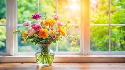 Fresh flowers in a vase against a bright window with natural light streaming in, bouquet, window,  bouquet, window, beauty