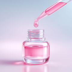 Close-up shot of a clear glass dropper held above an open clear glass bottle. A single, translucent drop of liquid is about to fall from the dropper into  bottle's neck. Clean, soft white background