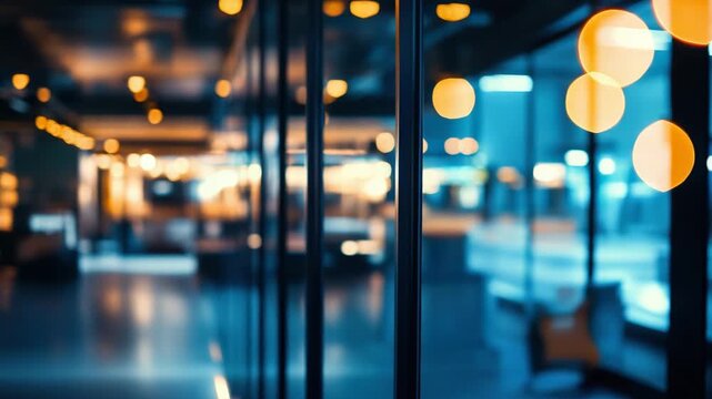 Modern office interior featuring glass walls, warm bokeh light effects, and cool lighting creating calm, cozy, and professional business workspace with sleek corporate atmosphere