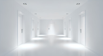 Blank white hallway corridor mockup, with spotlights and multiple doorways, 3d rendering, empty interior hallway, building passage mockup, minimalist architectural corridor