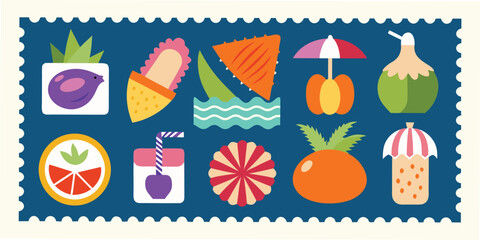 Illustrated collection of tropical fruit and refreshment icons arranged on a blue stamp style background suitable for vacation and summer themed design.