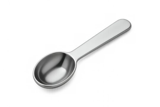Polished metal measuring spoon resting on transparent surface, highlighting culinary precision and kitchen tool design