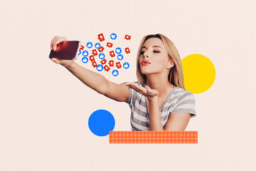 Trend artwork sketch design montage 3D collage of young woman kiss selfie hand hold phone blog...