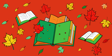 Scattered Open Books and Autumn Leaves on Tree Branches in orange red background vector illustration.
