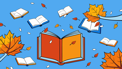 Scattered Open Books and Autumn Leaves on Tree Branches in blue background vector illustration.
