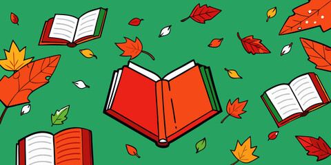 Scattered Open Books and Autumn Leaves on Tree Branches in green background vector illustration.
