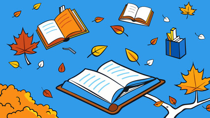 Scattered Open Books and Autumn Leaves on Tree Branches in blue background vector illustration.
