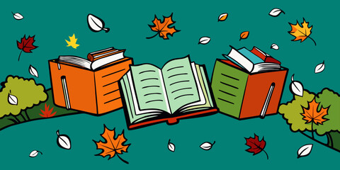 Scattered Open Books and Autumn Leaves on Tree Branches in blue background vector illustration.
