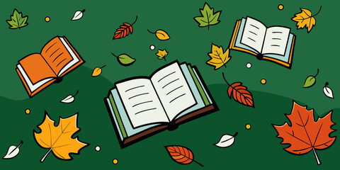 Scattered Open Books and Autumn Leaves on Tree Branches in green background vector illustration.
