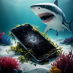 A cracked smartphone lies underwater, encrusted with seaweed, while a great white shark approaches among coral and fish.