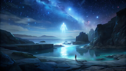 Lonely Coastal Cliff Scene With Glowing Spirit Figure Above Sea