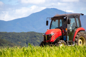 赤いトラクターと赤とんぼ