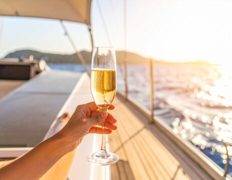 hand holding champagne on boat - Powered by Adobe