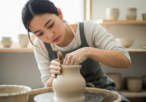 陶芸作品を真剣な表情で集中して制作する女性