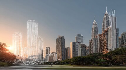 Obraz premium City skyline with architectural blueprints overlaid.