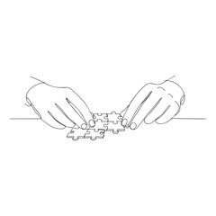 Obraz premium Vector line art of hands assembling puzzle pieces, teamwork concept in minimal continuous one line drawing