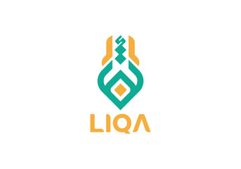LIQA (لقاء) Minimalist Logo Featuring Abstract Geometric Design Above Wordmark, Evoking Modernity and Cultural Sensitivity with Teal and Gold Accents