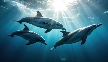 Three dolphins explore clear waters illuminated by sunlight, creating an enchanting atmosphere. The serene underwater environment highlights the beauty of marine life and patterns