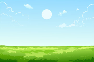 Obraz premium Sunny Day Meadow Landscape with Fluffy Clouds