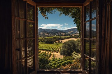 Open window reveals vineyard vista