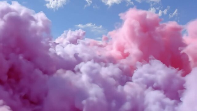 Soft pastel clouds in shades of pink and violet drift peacefully through a clear azure sky, offering a tranquil view.