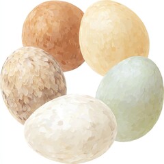 Five eggs of varying pastel colors and textures arranged in a circular pattern, showcasing diverse shell appearances
