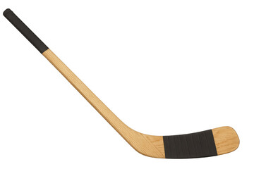 Hockey wooden stick with black grip tape, positioned diagonally, waiting for play against transparent background