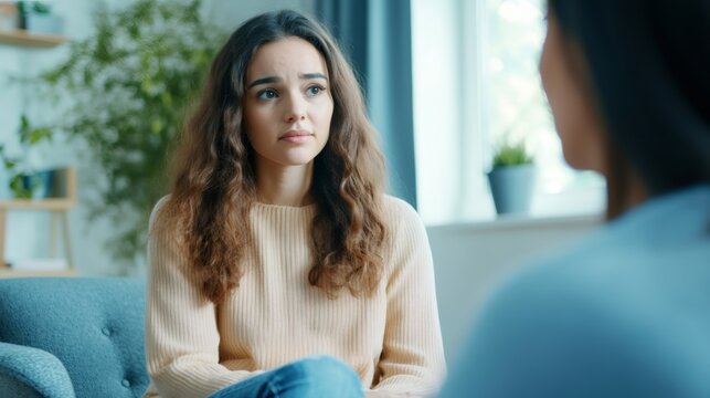 Woman sharing emotional struggles with counselor, sitting on soft sofa during therapeutic consultation, working through personal stress and mental challenges