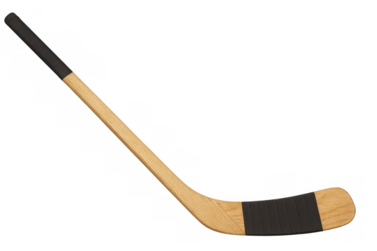 Hockey wooden stick with black grip tape, positioned diagonally, waiting for play against transparent background