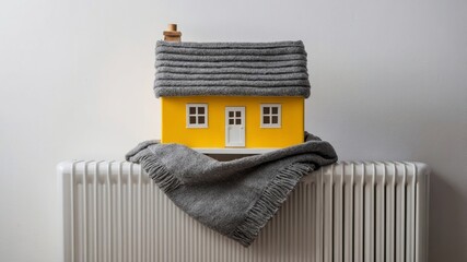Yellow house model with grey scarf on white radiator symbolizing home heating and energy efficiency