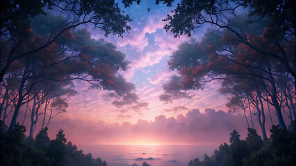 Silhouette Of Forest Canopy Fading Into Shimmering Sky With Magical Evening Atmosphere