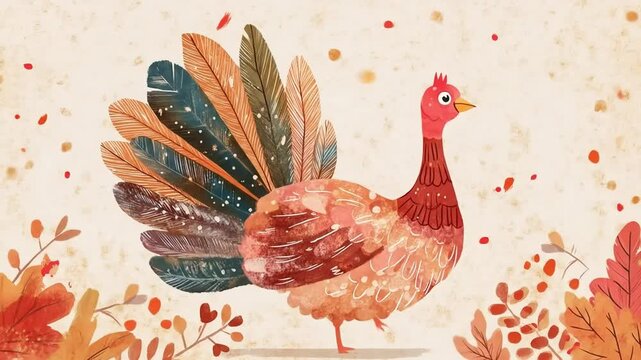 Stylized turkey illustration with vibrant autumn feathers and scattered fall foliage on textured background.
