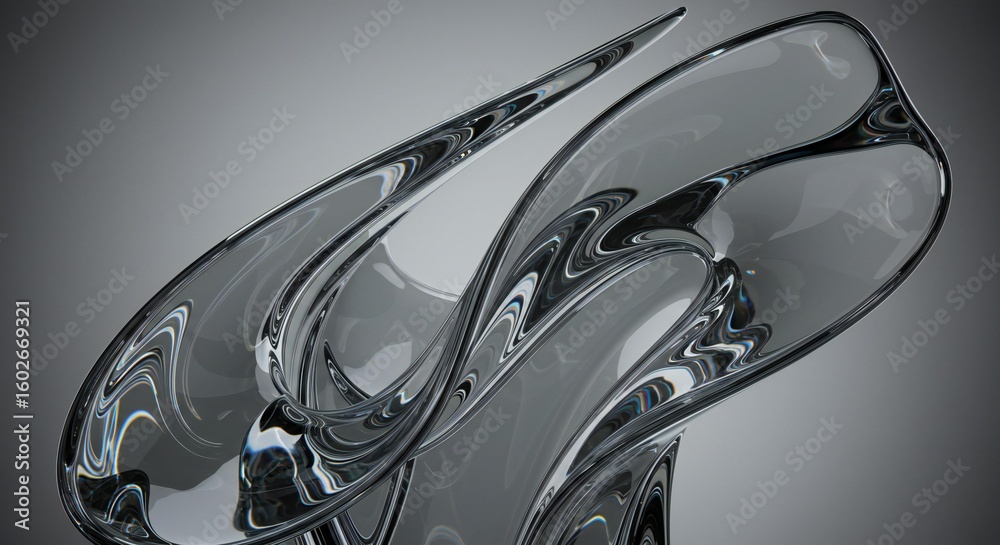 Fototapete abstract flowing glass sculpture with a smooth grey gradient studio background artfully displayed