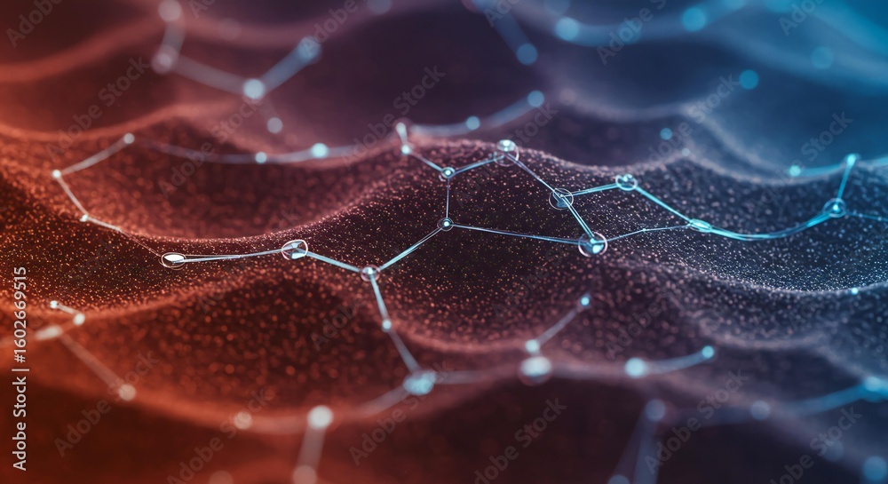 Poster Abstract network of interconnected nodes with a gradient color scheme and bokeh effects