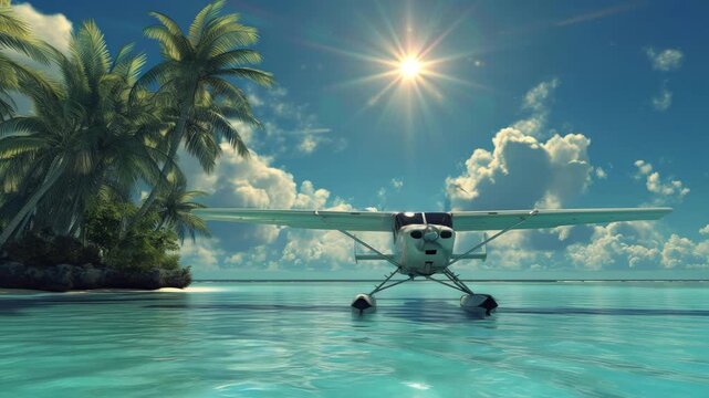 Cessna floatplane rests on turquoise water surrounded by lush palm trees under a bright sun
