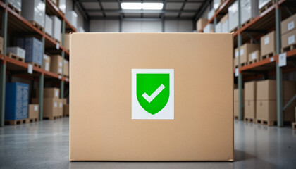 Green shield sticker on cardboard box – Inspected for Safety, safe delivery
