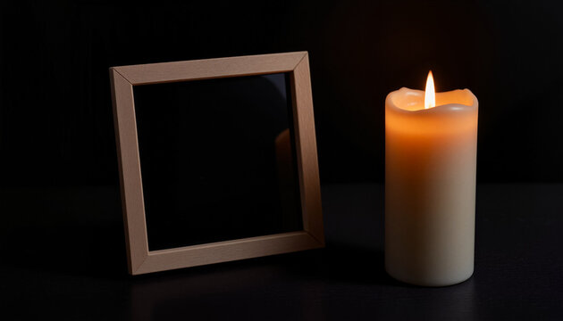 Amber candle glowing beside empty photo frame – Grief tribute, memory commemoration