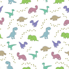 Pastel seamless dinosaur pattern with scattered dots on white background for baby products and fabrics