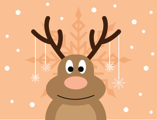 Funny Deer Character with Snowflakes Hanging on Horns Flat Style. International winter holiday New Year or Christmas celebration vector art