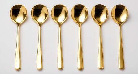 Vibrant photo of 5 gold-plated spoons, 30 cm long with straight handles and the same head size, on a white background, high-resolution photography.