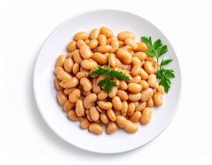 Baked beans on a plate with white background.