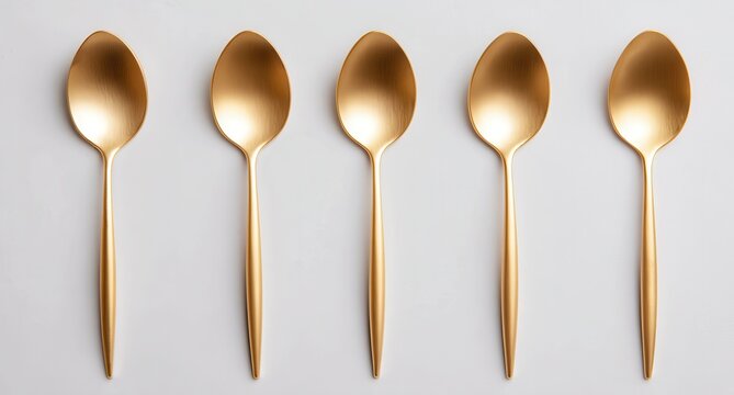 Vibrant photo of 5 of the same golden-colored, super-thin, solid steel tablespoons on a white background.