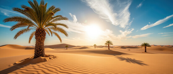 Serene desert landscape featuring palm trees, golden sand dunes, and bright sun illuminating scene