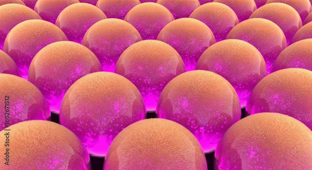 Poster rows of peach-fuzz textured spheres with glowing pink undersides create an abstract pattern
