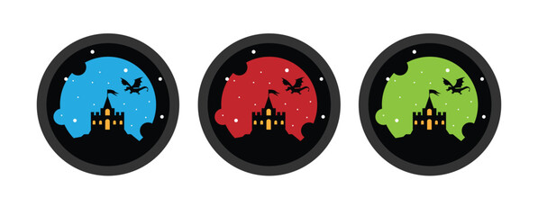 Round Emblem or Sticker with Magical Castle on a Hill and Dragon with Stars. Historical buildings and architecture, fairy tale concept vector art