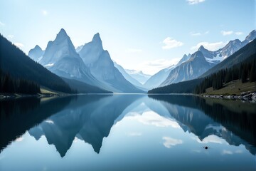 Fototapeta premium Serene mountain lake reflecting majestic peaks under a clear sky. Ideal for nature, travel, and landscape projects.